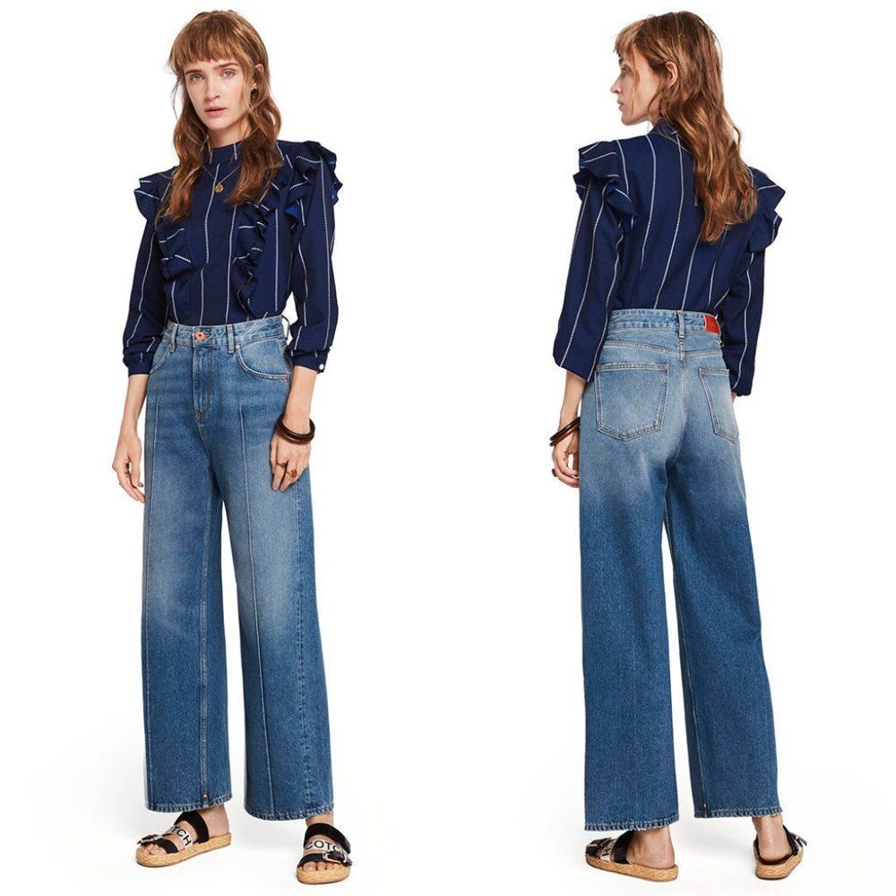 Scotch & Soda medium wash blue denim high rise wide leg seamed front faded jeans